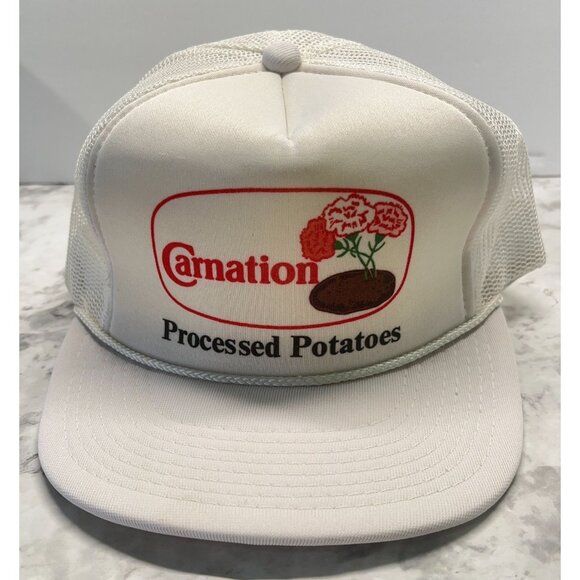 Vintage Carnation Snapback Trucker Hat  Farm Processed Potatoes White 80s - Picture 8 of 10